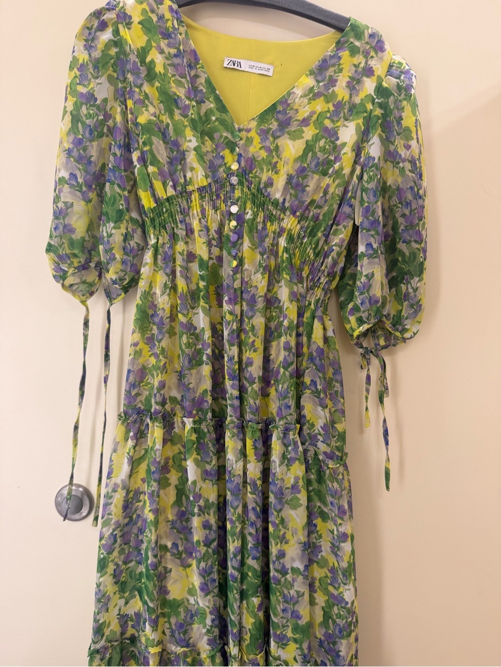 Zara Yellow, Green & Lavender Floral Tiered Midi Dress